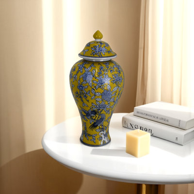 Pot décoratif Chris, oiseau jaune et floral, céramique bleue 20 po