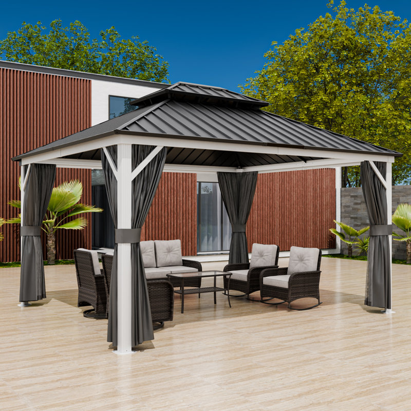 14 x 12 Aluminum Patio Gazebo, Outdoor Metal Hardtop Gazebo with Privacy Curtain and Mosquito Netting