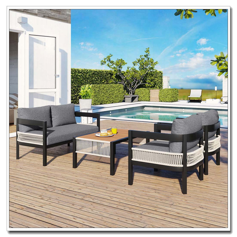 5-Piece Modular Outdoor Iron Sofa Set with PE Rattan and Wood-Plastic Table, Gray