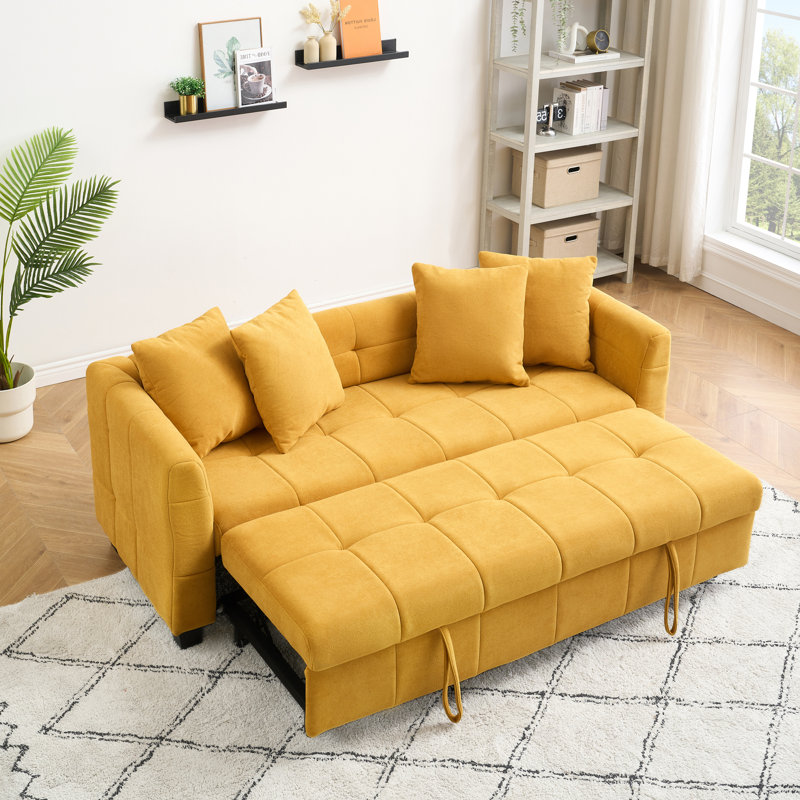 78" Cloud Velvet 3-seater Sofa With Pull-out Bed, Yellow
