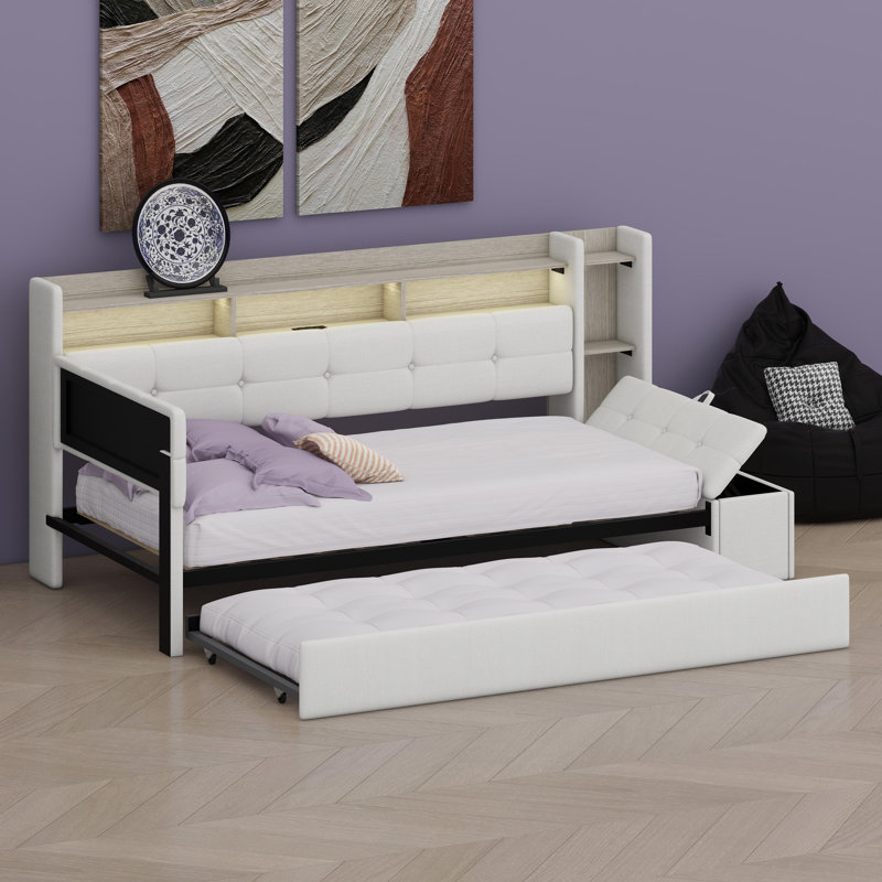Upholstered Daybed Frame with Storage Footstool, Shelves, Trundle, USB Charging Port & LED Lighting, Beige