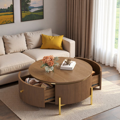 Modern Round Coffee Table With 2 Large Drawers And Golden Legs