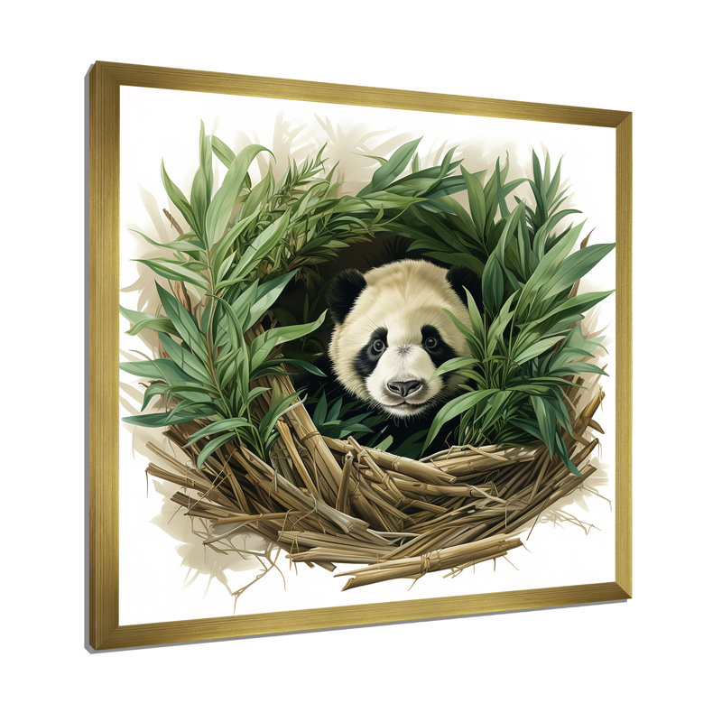 Panda vert avec habitation en bambou vert, H 30 po x l 30 po x P 1,5 po, Cadre doré simple