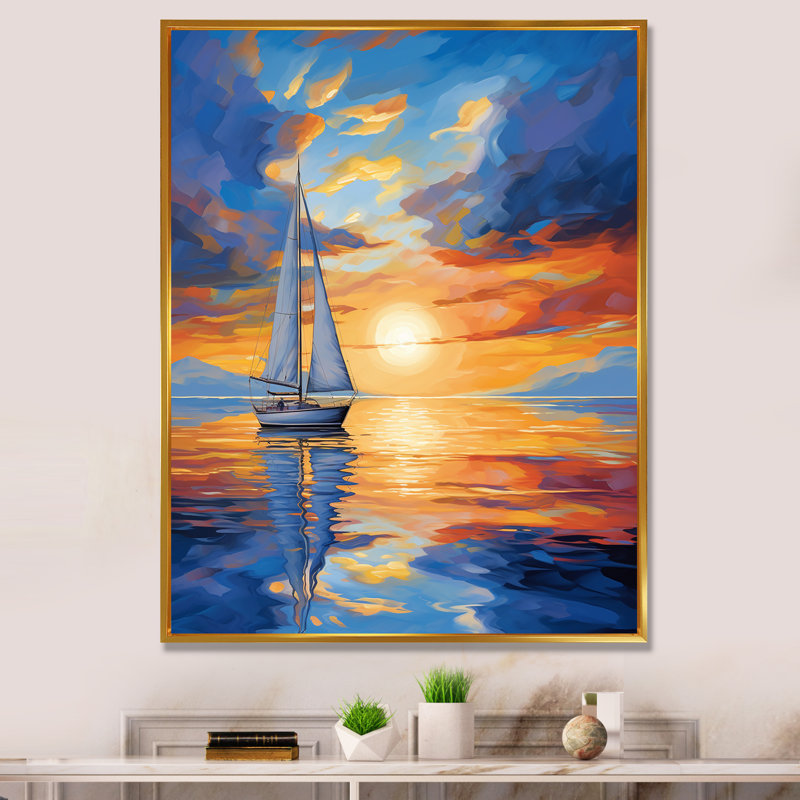Voilier lumineux Horizons II - reproduction sur toile, H 20 po x l 12 po x P 1 po, Cadre flottant doré
