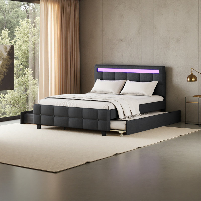 Grand lit plateforme tapissier avec structure à DEL, lit gigogne simple TG et 2 tiroirs, tissu en lin, Gris