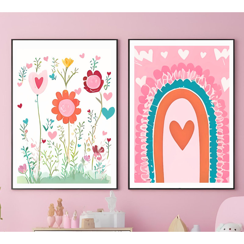 Floral, Heart & Rainbow Wall Art – A4 Size Prints | Nursery & Kids Room - Set Of 2