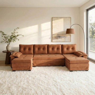 109" U-Shaped Sleeper Sofa with Pull Out Bed, Convertible Sectional Couch with Removable Armrests & USB Ports, 5 Seat Chenille Modular Sofa Bed with Chaise Lounge for Living Room Apartment