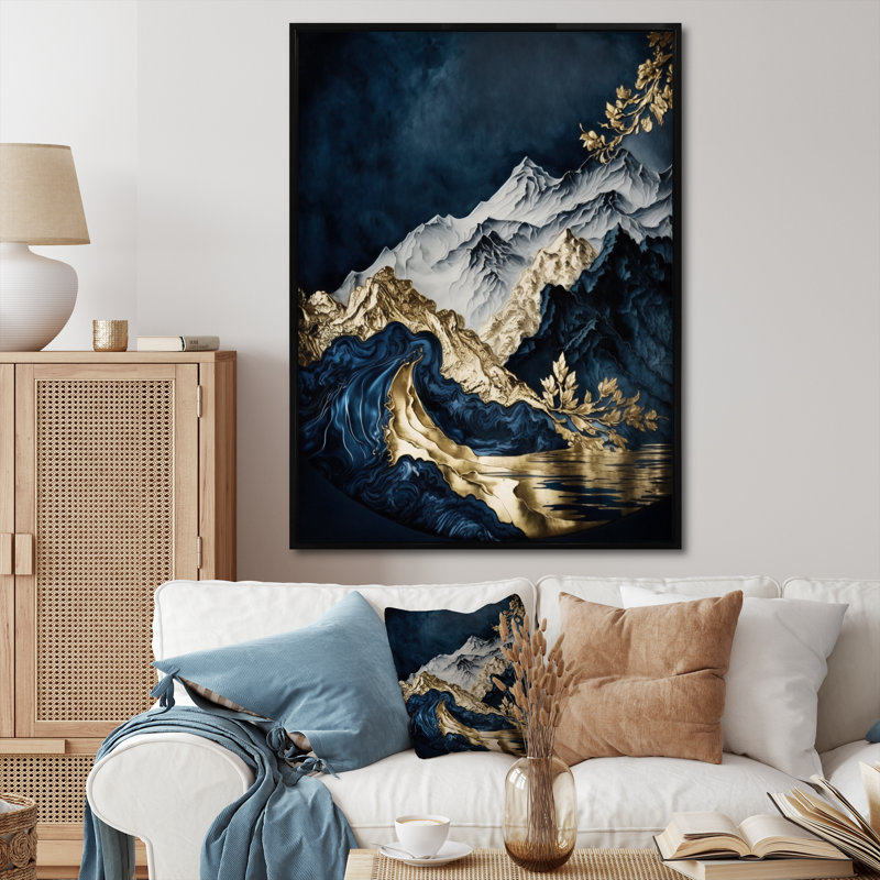 Rivière et montagne givrées Zeitz Gold I, H 20 po x l 12 po x P 1 po, Cadre flottant noir