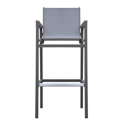 Aloys Outdoor Barstool in Gray Powder Coated Finish with Gray Sling PVC-coated polyester and Wood Accent Arms by Wade Logan