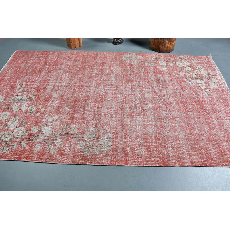 Tapis turc rétro fait à la main avec motif floral pour rehausser l'esthétique du salon - rouge / beige