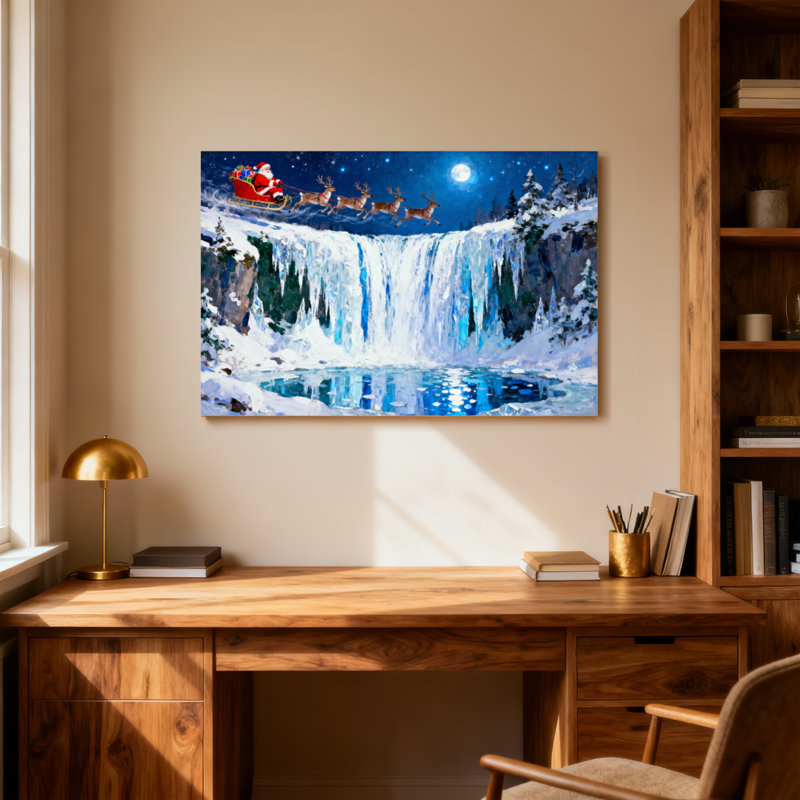Noël, traîneau du Père Noël, renne, hiver, cascade, clair de lune, paysage de neige, H 24 po x l 36 po