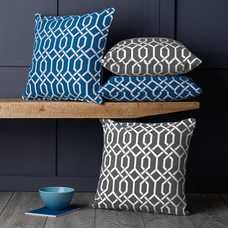 Fulvous Geometric Square Throw Pillow Cover, Grey/Teal Blue