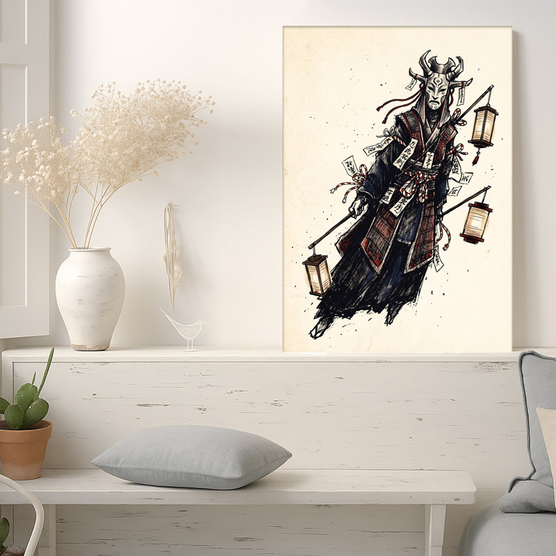 Art japonais sur toile, masque japonais démon avec lanternes et talisme, 24"H x 16"W