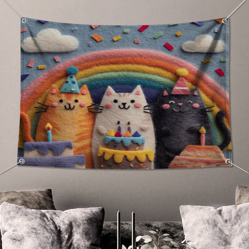 Tapisserie «Cats With Birthday Cakes» - Décoration murale chats, H 104 po x 88 avec 4 œillets