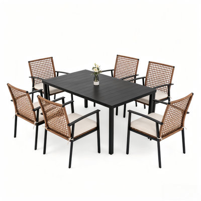 Ensemble de salle à manger d'extérieur Yardgrace 7 pièces en résine tressée avec coussins, 6 chaises et table d'extérieur avec trou pour parasol