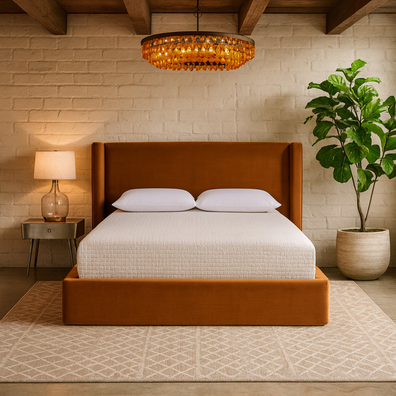 Kendall Wanaque Velvet Upholstered Bed, Cognac Velvet, Full