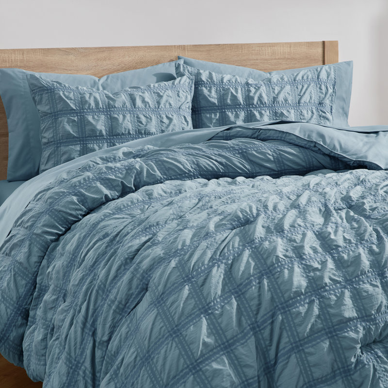 Bed in a Bag Seersucker Diamond Stitch 7 Piece Comforter Set, Stone Blue, Queen