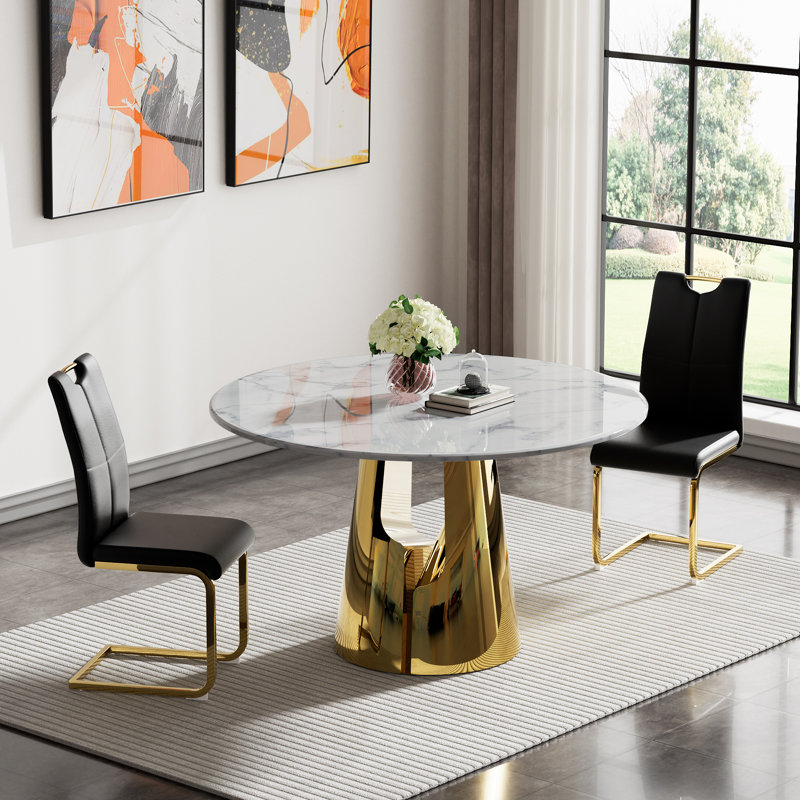 7 Piece Round Dining Table Set, 45" Round Marble Dining Table with 6 Dining Chairs, Modern Circle Kitchen Table Set with Hollow-Out Stainless Steel Base, Dining Room Table and Chairs Set