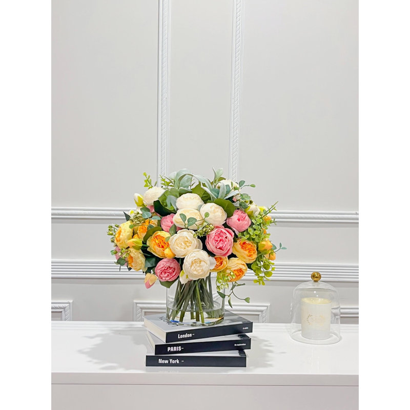 17 Inch Multicolor Real Touch Rose and Silk Peony Centerpiece in Clear Glass Vase, Yellow Pink White Faux Floral Arrangement for Dining Table and Wedding Decor