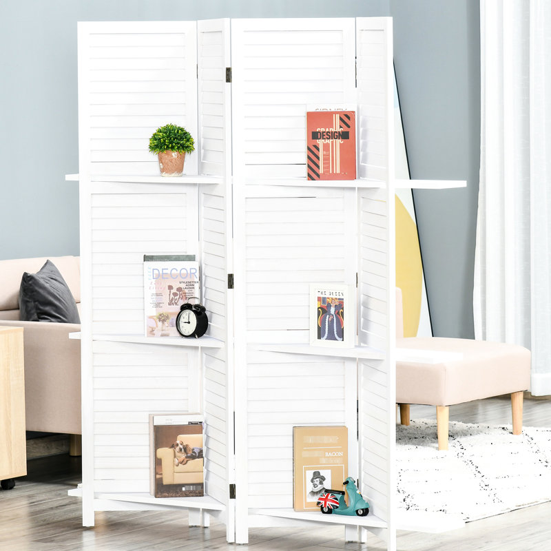 Paravent 4 panneaux en bois de 67 po de hauteur, 3 tablettes de présentation et bureau pliant pour la chambre à coucher / bureau à domicile, écran blanc avec tablettes, maison / chambre à coucher