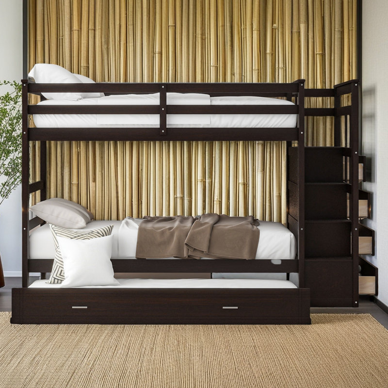 Bunk Bed With Twin Size Trundle And Staircase, Twin Over Twin, Espresso