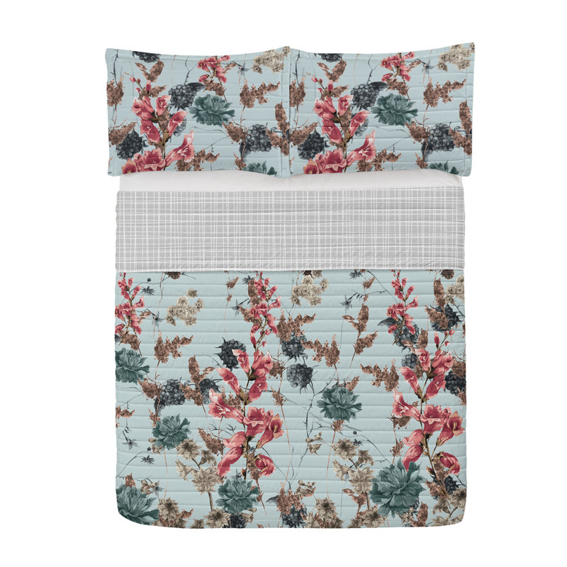 Pale Blue Coral Queen Microfiber Reversible Bedspread Set