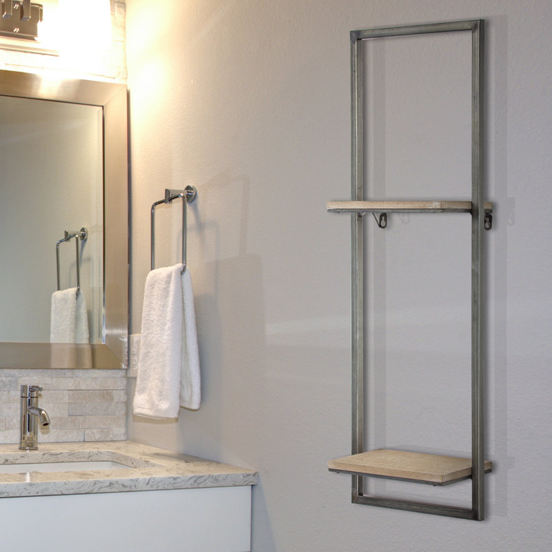 Rustic Silver Metal and Wood Hanging Shelf Rack