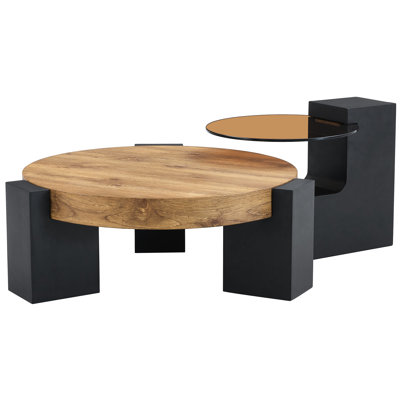 Table basse ronde à double couche avec plateau en verre transparent et pieds noirs, pieds de soutien robustes et brun
