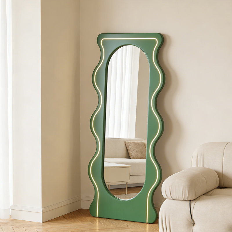 Green Wavy Dressing Mirror, Irregular Floor Mirror, High-End Entryway Full-Length Mirror, 62.99" H x 27.56" W x 1.18" D