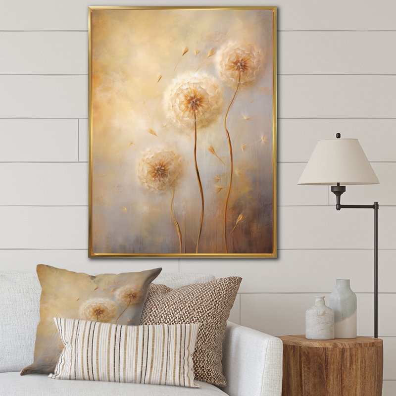 Breconvale, impression romantique de pissenlit blanc II - grand pissenlit, Cadre flottant doré, H 32 po x l 16 po x P 1 po
