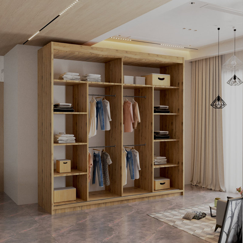 Sliding Wardrobe with Mirror Modern Bedroom 4 Colours 3 Sizes, Oak, 217cm H x 203cm W x 62cm D