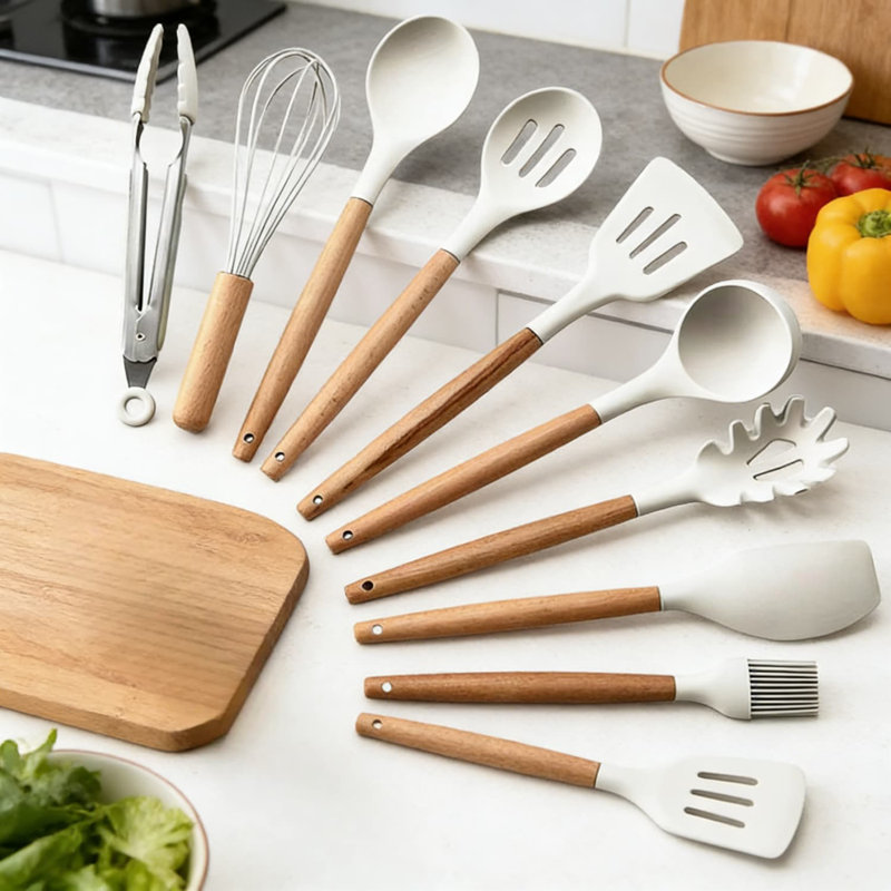 11-Piece Silicone Kitchen Utensil Set With Holder - Non-Scratch Cooking Tools For Non-Stick Cookware Including Spatula, Spoon, Tongs, Whisk, Pasta Server And Basting Brush