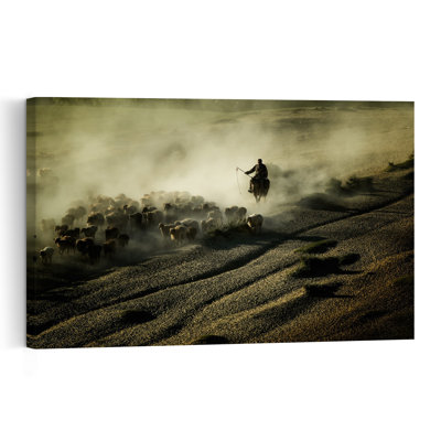 «Dusty Shepherd Herds Sheep Abstract Traditional Horse Landscape Nature», reproduction d'art mural