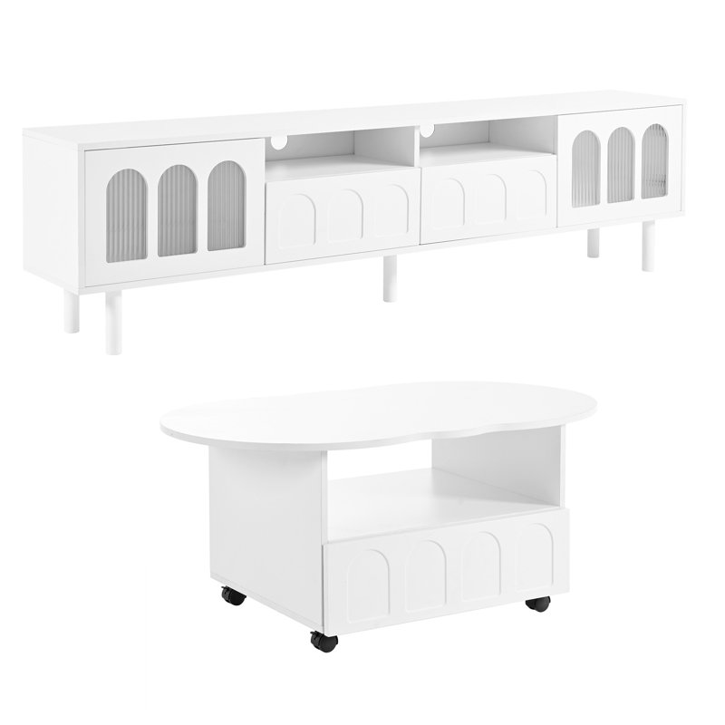 Cream Style TV Stand And Coffee Table Set Of 2, White