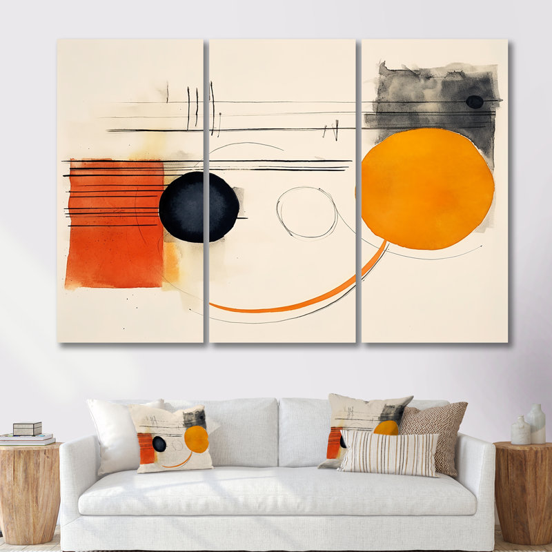 Lune orange abstraite, minimalisme rétro - ensemble d'art mural abstrait, H 28 po x l 36 po x P 1 po, Toile tendue