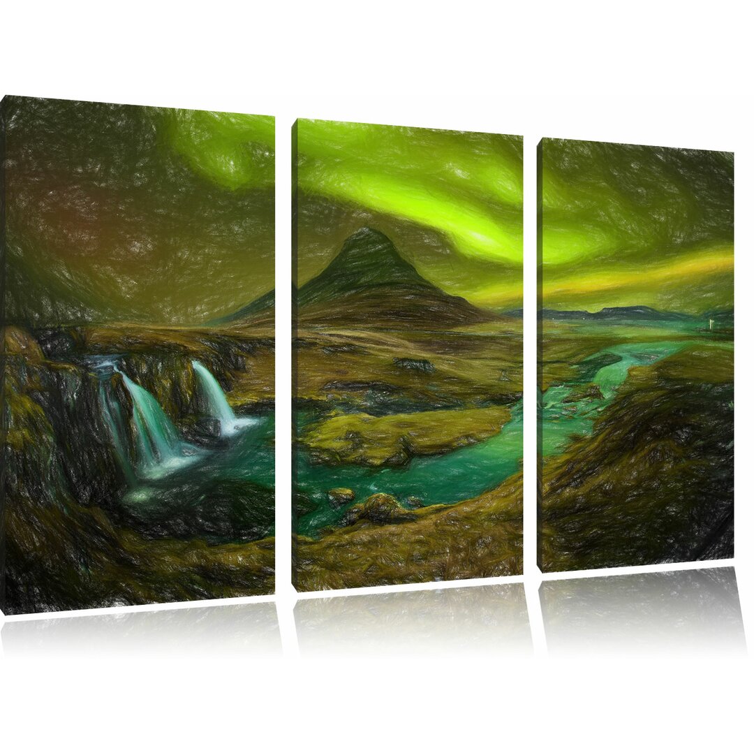 3-tlg. Leinwandbilder-Set „Kirkjufell Wasserfall mit Nordlichtern“, Grafikdruck