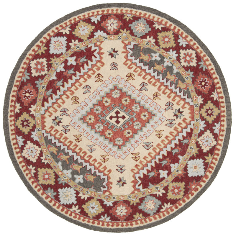 Southwestern Handmade Tufted Cotton/Wool Red/Ivory Area Rug, Round 5'