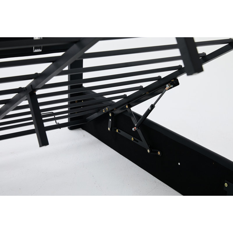 Structure de lit double avec revêtement en similicuir, lumières à DEL réglables, orifices en C, lattes en métal, noir pour tête de lit, style moderne