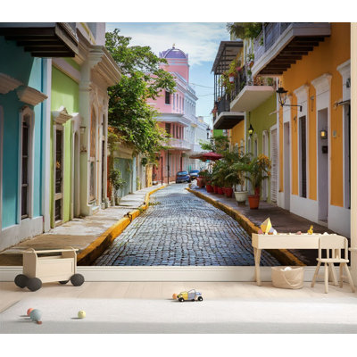 Wall Mural Peel and Stick Wallpaper Colorful street old san juan puerto rico town scenery Self-Adhesive Removable Contact Paper Wall Decor for Living Room Bedroom 69"H x 96"W