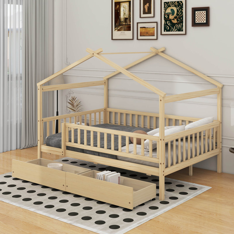 Lit double en bois avec tiroirs, Naturel