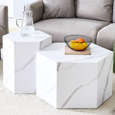 White Marble Hexagonal Coffee Table - Create An Elegant Interior With Finish, 27x23.6x16.5 & 18x15.7x19.7 Inches, No Assembly Needed, And