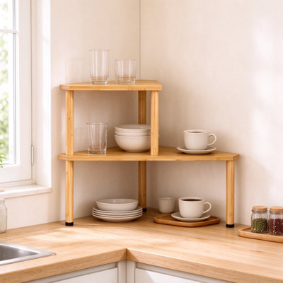 Organisateur de comptoir en bambou avec tablette de coin, petit support de tablette à 2 niveaux pour la cuisine et le bureau, finition grain de bois naturel