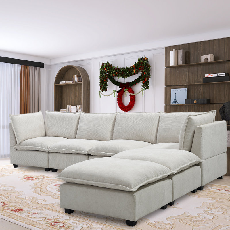 Balendin Beige U-shaped modular sofa, 2 Movable Ottomans, Linen Sectionals, Beige Linen