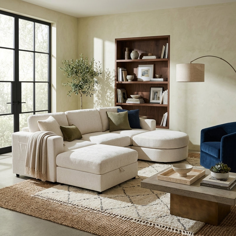 Canapé d'angle en forme de U 102,4 x 63,4 x 34,3 pouces, en chenille beige, avec pouf de rangement intégré.