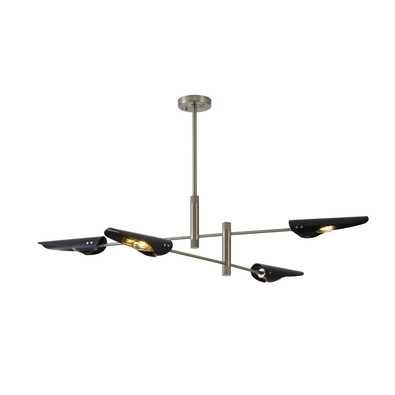 Lustre moderne 4 lumières avec abat-jour en fer noir, Nickel brillant