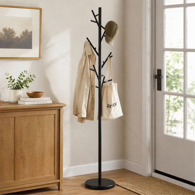 Black Coat Rack with 18 Hooks for Entryway and Hallway Storage