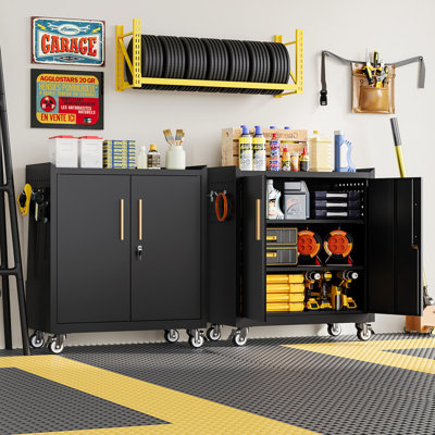 34" Rolling Metal Storage Cabinet with Lock, Wheels & Shelves, Heavy Duty Garage Cabinet for Home Office Shop