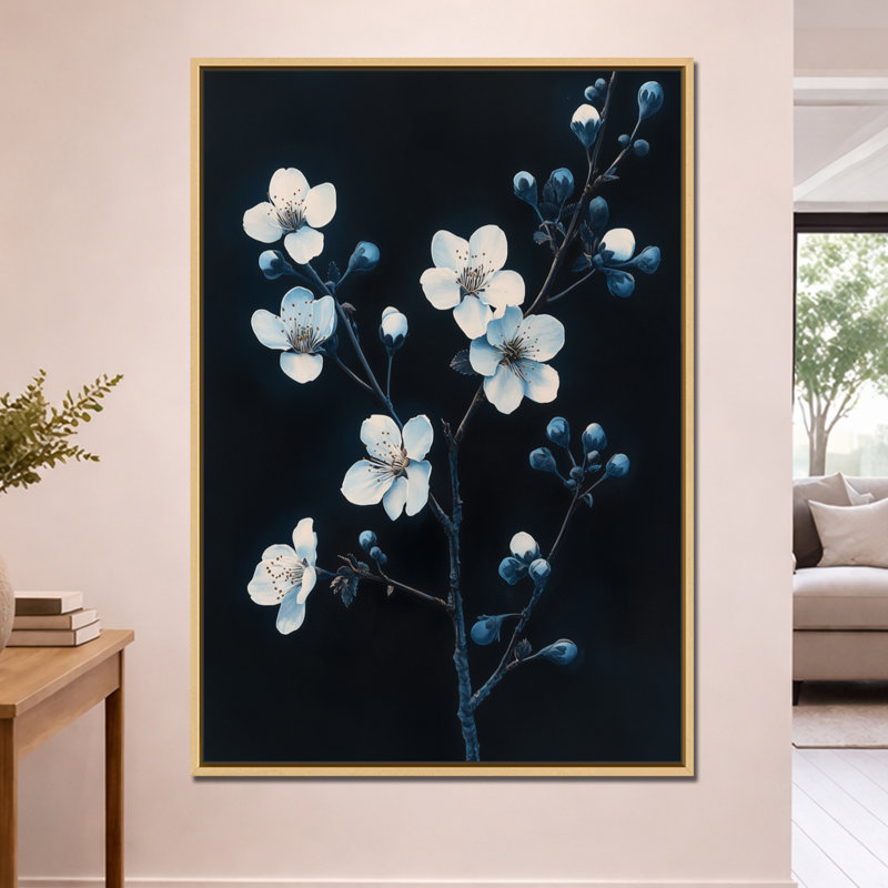 Indigo Night Bloom I - Décoration murale encadrée Fleurs de cerisier sur toile, H 60 po x l 40 po, Natural Floater Framed