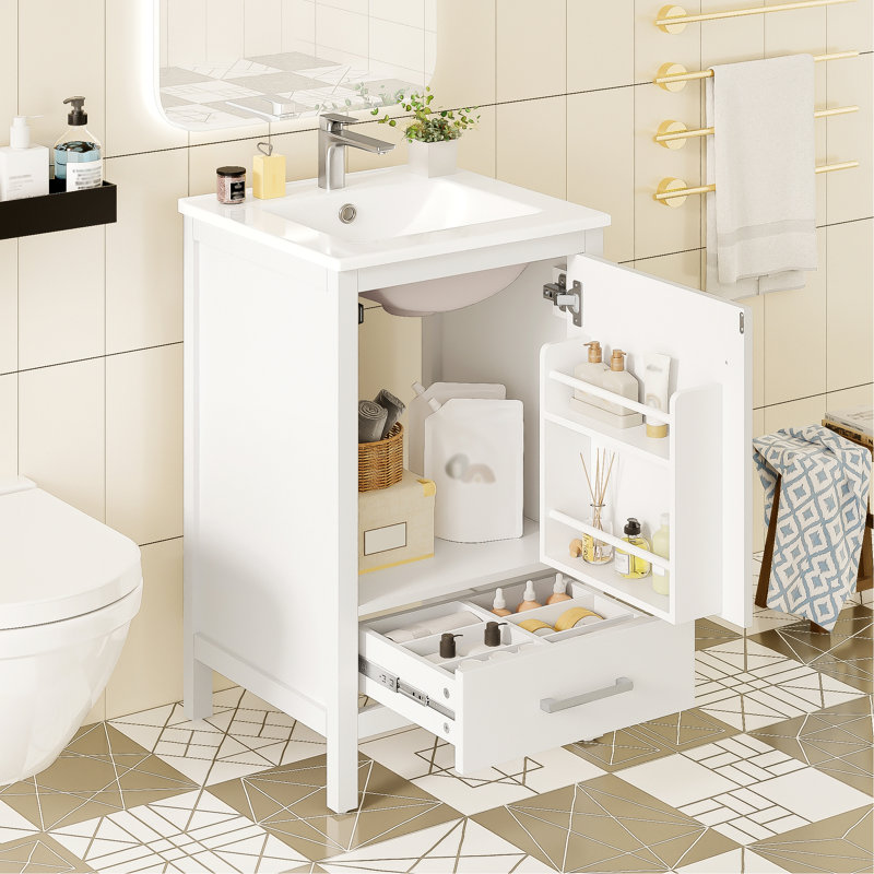 Meuble-lavabo de salle de bain avec lavabo en céramique, tiroir à fermeture en douceur, White