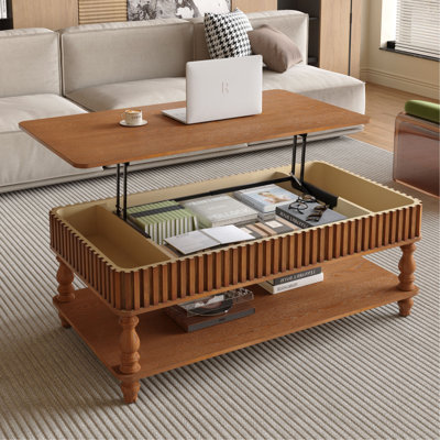 Table basse à plateau relevable brun 47,24 ", assemblage sans outil en bois massif avec détails cannelés et pieds romains massifs, bureau à plateau relevable classique pour le salon